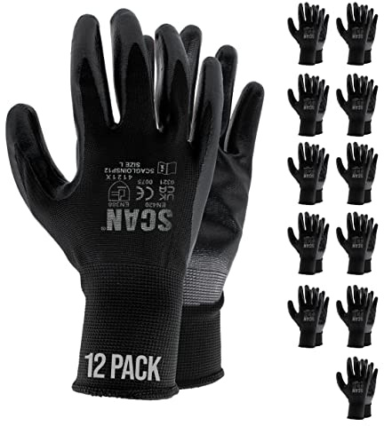 Scan SCAGLOINSP12 12 Pairs Inspection Gloves Nitrile Coated - Large Size 9