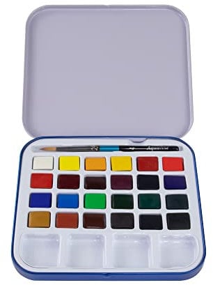 Daler-Rowney Aquafine Watercolour Half Pan Paint Travel Set, 24 Assorted Colours + 1 Aquafine Watercolour Brush, Ideal for Professional & Beginner Artists & Students