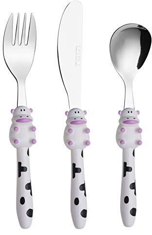Exzact Children's Cutlery Stainless Steel 3pcs, Kids Toddler Flatware - 1 x Fork, 1 x Dinner Knife, 1 x Spoon -Dishwasher Safe, BPA Free, 24 Months + (Cow x 3)