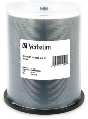 Verbatim CD-R 700MB 52X White Inkjet Printable 100pk Spindle - 95251 | 700MB CD-R with 52x speed and 100 pack spindle for photo printing, data storage and duplication