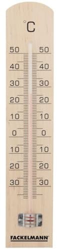 Fackelmann Termómetro de Pared Vintage Decorativo, Termómetro de Cocina Clásico en Madera de Abedul, Medidor de Temperatura Interior y Exterior, Color Madera Natural, 18x3,5cm, 1 ud.