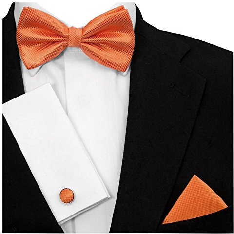 GASSANI 3-SET Orange Fliege Grid Karo kariert | Schleife Manschettenknöpfe Einstecktuch | Fliegenset zum Anzug Seide-Optik