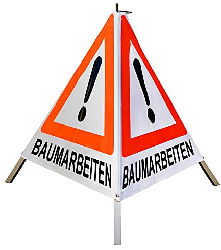 Warnpyramide/Faltsignal - BAUMARBEITEN - VZ101-Ausrufezeichen (1 - tagesleuchtend weiß, 70 cm leicht mit Mittelfuß)