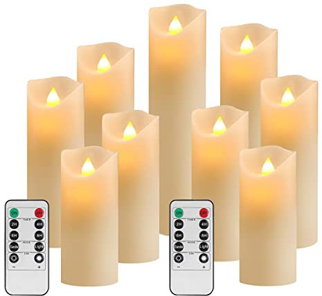 YIWER LED Candles Flameless Candles Φ2.2 x H 6.3/6.7/7/7.6/8.5/9.4 Real Wax Battery Candle Pillars, 10 Key Remote Control with 24 Hour Timer Function(Ivory,9)