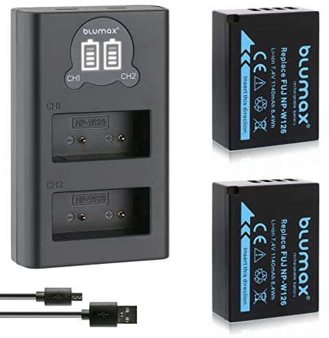 Blumax 2X Akku 1140mAh für Fujifilm NP-W126s/NP-W126 + Slim Dual-Ladegerät USB für Fujifilm XT-3 XT3 XT-200 X-A7 XA7 X-T1-X-T10-X-Pro1-X-E1-X-E2-X-M1-X-A1-X-A2-X-Pro2-X-ES2-X-A3 HS50EXR