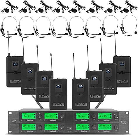 UHF Wireless Microphone System 8 Channel 8 Lavalier Bodypacks 8 Lapel Mic 8 Headsets for Karaoke System Church Speaking Conference Wedding Party 3 Year Warranty