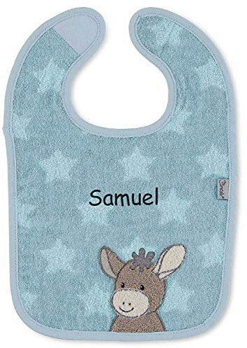 Sterntaler Emmi Lätzchen mit Namen bestickt, Baby & Kleinkind Spucktuch, Jungen Klettlätzchen Halstuch/Babylätzchen personalisiert (Esel Emmi Blau)