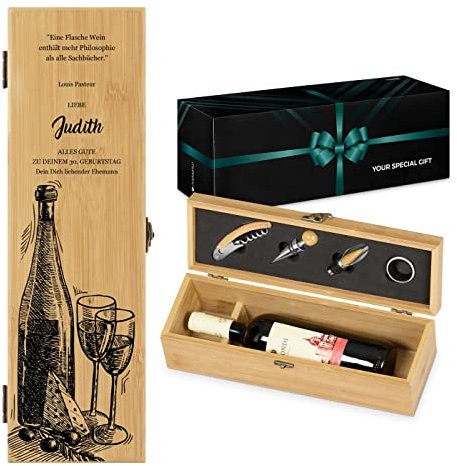 Maverton Weinbox für 0,7L Weinflasche - Wein Holzbox personalisiert + 4er Weinzubehör - Weinset Weinkiste - Weihnachtsgeschenke - aus Bambus - Braun - Geschenk zum Geburtstag für Frauen - Zitat