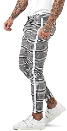 GINGTTO Chino Hose Herren Super Stretch Skinny Männer Grau Modern Kariert Stoffhose Taper Casual Chinohose 34