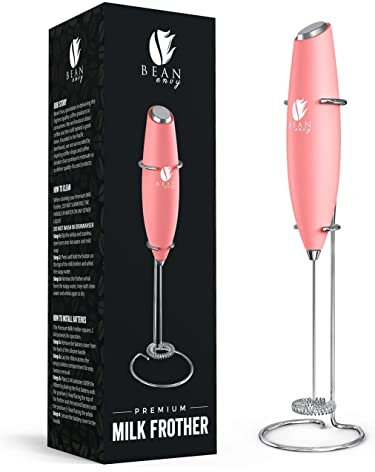 Bean Envy Milk Frother for Coffee - Handheld, Mini Electric Drink Mixer, Foamer & Frother with Stand for Coffee, Lattes, Hot Chocolates and Shakes - Rose Pink