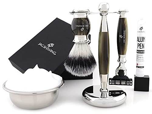 Jag Shaving Kit de rasage - 3 pièces - Gamme Jag's Lee - Rasoir 3 lames de rasage - Blaireau de rasage synthétique Silvertip - Élégant support de rasage - Imitation corne verte