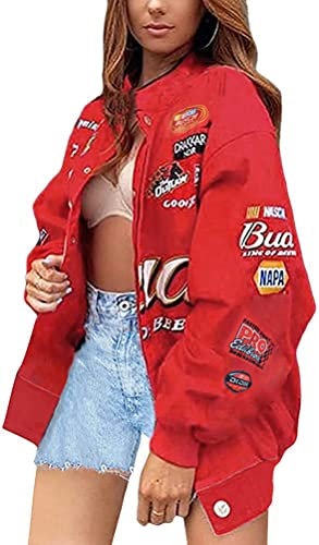 ORANDESIGNE Blouson Bomber Femme Manches Longues Vintage Veste Bomber Casual Zipper Jacket College Poches Coupe-Vent Baseball Blouson Sweat Veste Sport Jacket à Glissière D Rouge, L