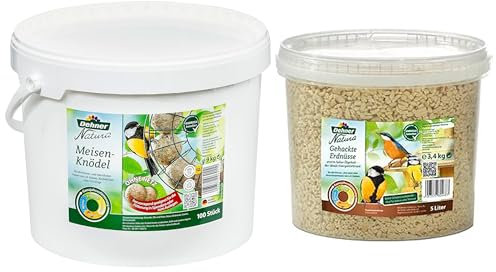 Dehner Natura Wildvogelfutter, Meisenknödel, ohne Netz, 100 Stück (9 kg) & Natura Wildvogelfutter, gehackte Erdnüsse, 5 l (3.4 kg)