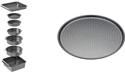 MasterClass Smart Space 7 Piece Non Stick Stackable Bakeware Set & KCMCCB14 Crusty Bake Perforated Pizza Tray with PFOA Free Non Stick, Robust 1 mm Carbon Steel, 32 cm, Grey