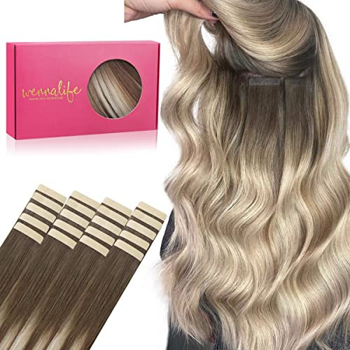 WENNALIFE Tape Extensions Echthaar, 20pcs 50g 45cm 18 Zoll Sandbraun bis Platinblond Remy Invisible Tape Extensions Seidig Gerade Echthaar Extensions Skin Weft Tape Ins