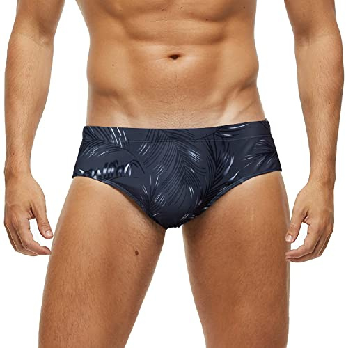 Arcweg Men's Swimming Trunks Briefs Low Waist with Removable Pad Swimwear Elastic Beach Shorts Boxers Underwear Grey Leaves M(EU)