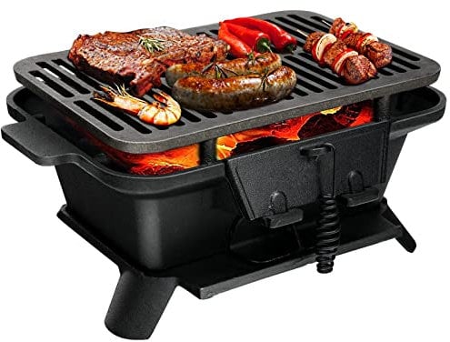 TANGZON Cast Iron BBQ Grill, Portable Pre-Seasoned Charcoal Grill Stove with Grate Lifter, Double Sided Grilling Net, Air Control & Coal Door, Hibachi-Charcoal Grills for Camping Picnic Party