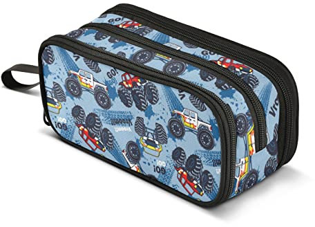 CHIFIGNO Federmäppchen für Mädchen, Jungen, Kinder, Motiv: Monster Truck, Autos, Blau, mit Reißverschluss, Büro-Organizer, Reise-Make-up-Tasche für Damen und Erwachsene, Monster Truck Cars Blau,