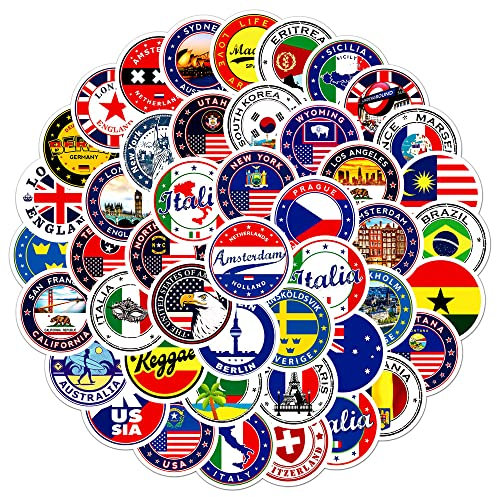 60 Stück Aufkleber Pack Nationalflagge Wahrzeichen Sticker Set Wasserdichte Vinyl Sticker für Laptop Kinder Autos Motorrad Fahrrad Skateboard Gepäck Koffer Computer Aufkleber Graffiti Decal