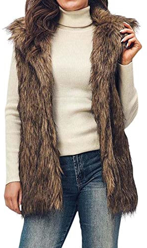Handcess Damen Kunstpelz Weste Braun Kurzer ärmelloser Mantel Jacke Winter Warm Kragen Weste Outwear mit Taschen für Frühling Herbst und Winter(M)