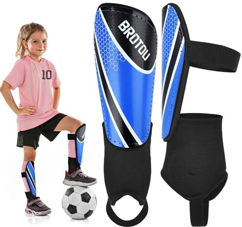 BROTOU Schienbeinschoner Fußball für Kinder mit Knöchelschutz - Leicht, Langlebig, Rutschfest mit Verstellbaren Riemen für 3-18 Jahre Jungen und Mädchen (XS, Blau)