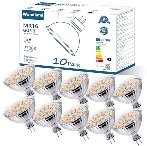 Wondlumi LED Leuchtmittel 12V GU5.3 LED Lampe 6.5w Warmweiß 2700K Glühbirnen Ersatz für 60W MR16 Birnen 12V AC/DC, Nicht Dimmbar 10er Pack