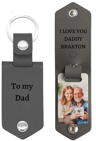 Eletizy Personalisierter Foto-/Text-Leder-Schlüsselanhänger für Männer/Freund/Vater/Ehemann, Vatertag, individuelles Bild, Fahrsicherheits-Schlüsselanhänger (grau)
