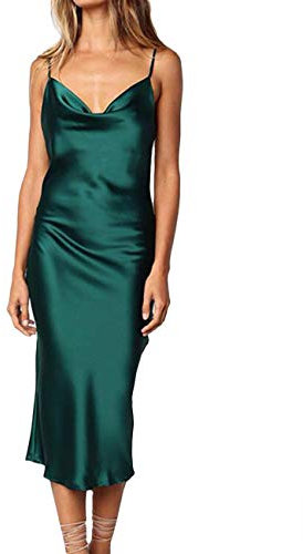 xxxiticat Robe sans manches en satin avec bretelles spaghetti, fourchettes, pour cocktail, plage, soirée, fête, col de vache, Z-vert-2., XS