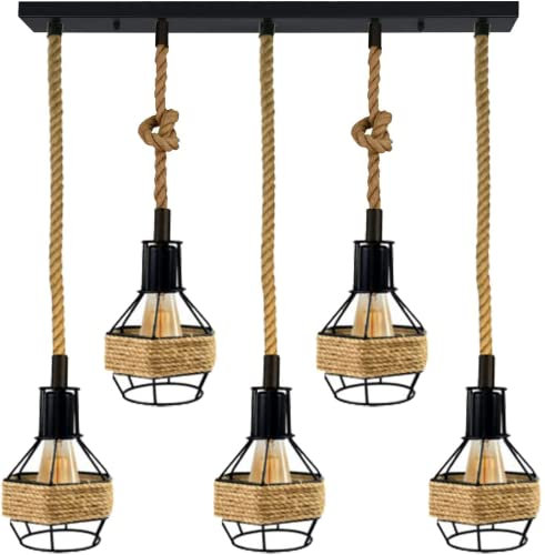 DC VOLTAGE Retro 5 Head Ceiling Pendant Light Metal Hemp Rope Covered Bird Cage Lampshade with Adjustable Cable Bulbs Rectangle Canopy Lamp for Dining Room Hallway Restaurant Cafe Bedroom Kitchen