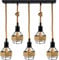 DC VOLTAGE Retro 5 Head Ceiling Pendant Light Metal Hemp Rope Covered Bird Cage Lampshade with Adjustable Cable Bulbs Rectangle Canopy Lamp for Dining Room Hallway Restaurant Cafe Bedroom Kitchen