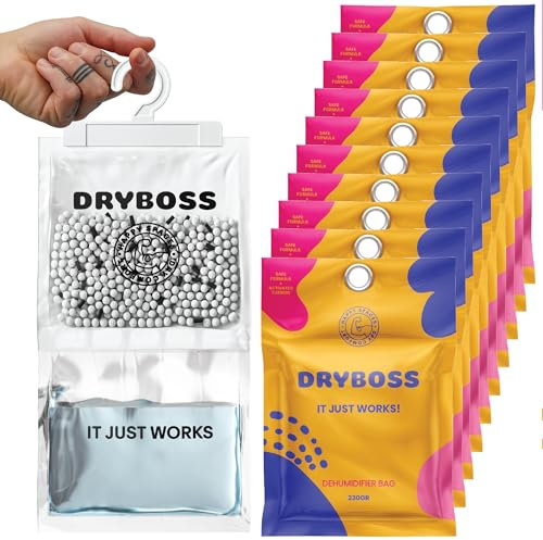 DRYBOSS Pack 10 Bolsas 2,3 KG Antihumedad Deshumidificador Absorbe Humedad y Condensación en Armarios Pared y Habitacion. Quita Moho, Olores y Humedades #1 En Deshumidificadores de Casa, Cajones Ropa