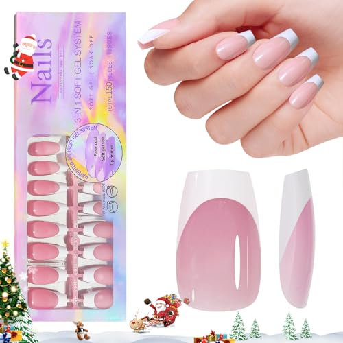 French Gel Nail Tips, 150pcs Medium Coffin Press on Soft Gel Fake Nails, 3 in 1 X-coat Pre-Applied Tip Primer & Base Coat, 15 Sizes for DIY Nail Extension, No Filing Required (HJ-NT087-02)