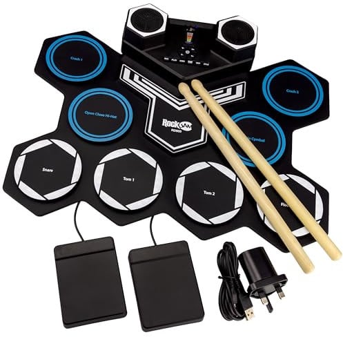 RockJam Roll Up Rechargeable Electric Drum Kit with Bluetooth, Midi, USB & Drumsticks