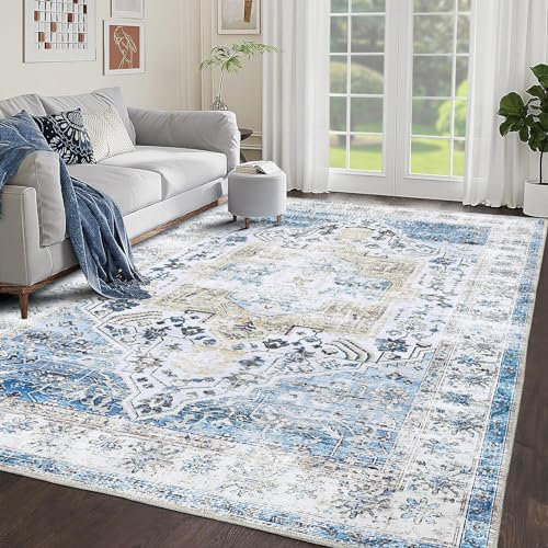 CAROMIO Großer Vintage Teppich, Waschbarer 200 x 290 cm Teppich für Wohnzimmer, Schlafzimmer und Esszimmer - Rutschfeste Rückseite, Fusselfrei, Ideal für Stark frequentierte Bereiche - Blau