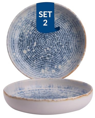 James Cooke Azure Vintage – Steinzeug Pastateller 2er-Set Ø22 cm – Suppenteller – blau-weiß gestreift, matt glasiert mit Relief – Spülmaschinen-, Ofen- & Mikrowellenfest