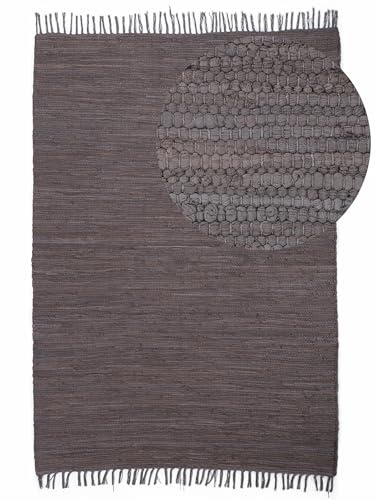 carpetfine Flickenteppich Kelim Chindi Uni Mauve 90x160 cm, handgewebt | Fleckerlteppich aus Baumwolle für Wohnzimmermit Fransen