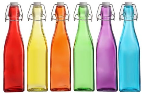 simpa Vintage Style Mix Colour Glass Bottles with Swing Top Lids. Square 750ml Bottles - Set of 6