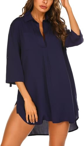 Ekouaer Swimsuit for Women Bikini Summer Beach Cover Up Shirt Beachwear Bathing Suit Beach Dress, Navy Blue, M