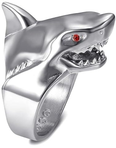 BOBIJOO Jewelry - Siegelring, Hai, Herren, rote Augen, Rubin, Edelstahl, versilbert