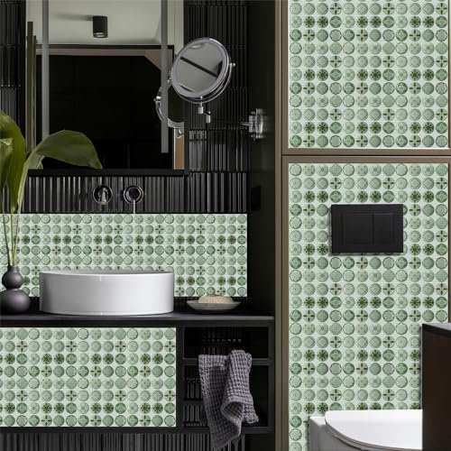 Stickers Muraux Mandala Vert Clair Credence Adhesive pour Cuisine PVC Papier Peint Imperméable Carrelage Adhesif Mural Salle de Bain Auto-Adhésif Stickers Carrelage Stickers Cuisine 10x10cm/10 Pcs
