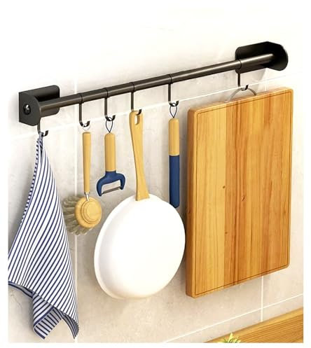 KAXIMON Küchenutensilienregal, 30 cm, Küchenschiene mit 6 Haken zum Aufhängen, selbstklebende Haken für Küchenschränke