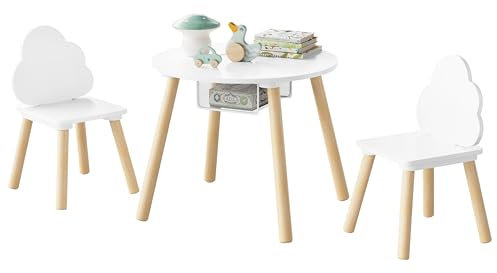 WOLTU Set di Tavolo e Sedie per Bambini, Rotondo in Legno Con 2 Sedie Montessori, Tavolino a 3 Pezzi per Stanza dei Giochi, Asilo Nido, Bianco