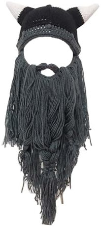 WUODHTW Herren Head Barbarian Vagabond Beanie Langbart Wikinger Strickmütze Stier Horn Handgemachte Strickmütze Warme Skimütze Lustige Partymütze, dunkelgrau, Einheitsgröße