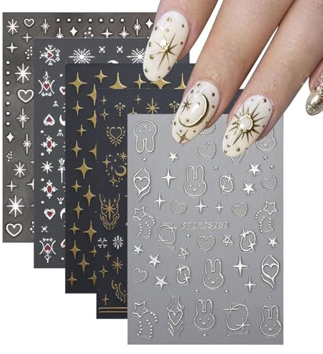 Sun Moon Star Art Stickers, 10 Sheets 3D Love Heart Self-Adhesive Decals for DIY Nail Decorations (Gold+Silver A)