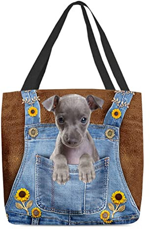 Schultertasche Damen Handtasche Faltbar Strandtasche Wiederverwendbare Einkaufstasche Tragetasche Für Arbeit Büro Reisen Einkaufen Italienischer Hund Auf Jeans-Overall Mit Sonnenblumen