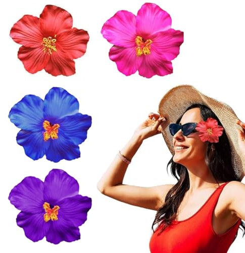 4 fermagli per capelli da donna, mollette capelli donna fiore, con fiori hawaiani, fermagli per capelli artificiali, per vacanze (rosso, viola, blu, rosa rossa)