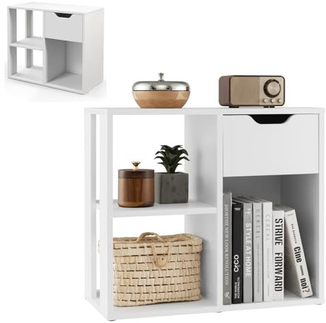 HOMASIS Bücherregal weiß, Würfelregal mit Schublade & 3 Fächern, Standregal aus Holz, Büroregal mit offenen Ablagen, Raumteiler Bücherschrank für Wohnzimmer, Büro, Schlafzimmer