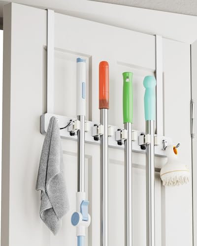 BS-VOG Over the Door Broom Holder, 4 Racks & 2 Hooks, Wood Mop & Broom Organizer, Hanging Door Mount for Closet Garage, Laundry Tool Storage, White
