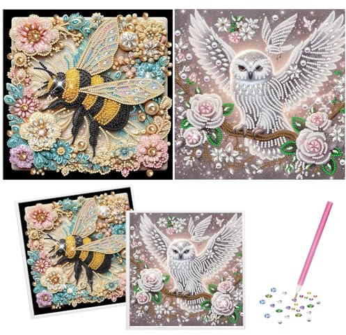 Eule and Biene Diamond Painting Erwachsene Tiere Set - 5D Diamant Painting Bilder Set für Erwachsene und Kinder, DIY Kristallmosaik-Malerei mit Spezialgeformten Diamanten for Home Wand Décor 25x25cm