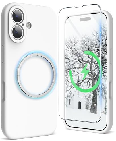 SURPHY Magnetic Design for iPhone 16 Case, Liquid Silicone Protection for Each Lens Shockproof Gel Rubber Phone Case for iPhone 16 6.1 inch 2024, White